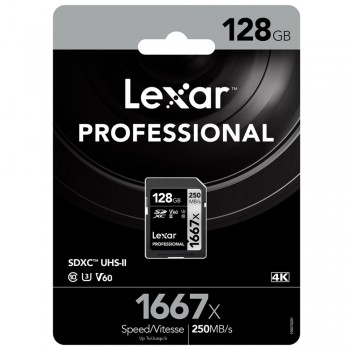 Lexar 1667X Professional 128GB V60 U3 SDXCâ„¢ UHS-II Memory Cards (up to 250MB/s read, 120MB/s write)