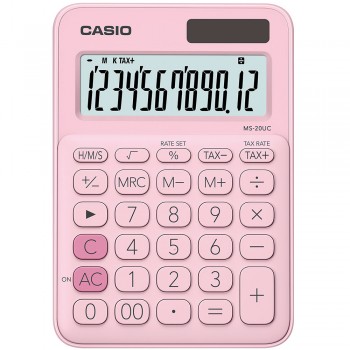 Casio Colourful Calculator - 12 Digits, Solar & Battery, Tax & Time Calculation, Pink (MS-20UC-PI)